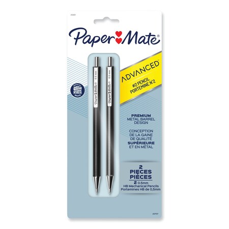 Paper Mate Advanced Mechanical Pencils, 0.5 mm, HB (#2), Black Lead, Black; Gray Barrel, PK2 PK 2128211
